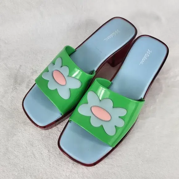 Lazy Oaf x Melissa Platform Slides Green Flower Sandals Chunky Heel Retro | 6 - Picture 2 of 13